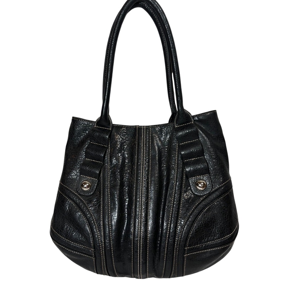 Nine West Black Pebbled Faux Leather Purse Bag Tote Contrast Stitch y2k classic